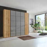 Zenith 250cm Bianco Oak with Havana Glass 5 Door Hinged Wardrobe - Pendle Village Furniture